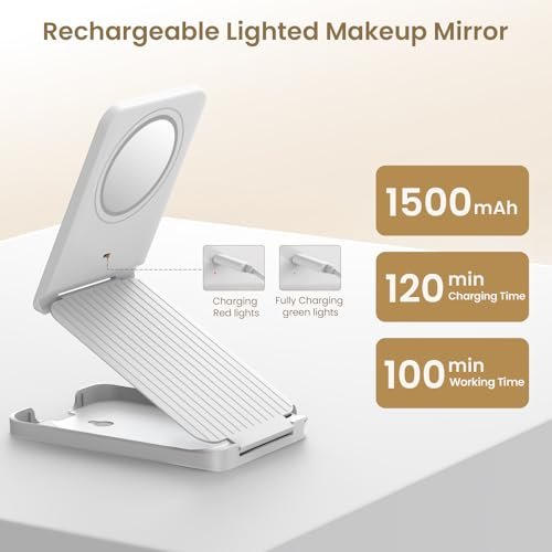 LAMPICK Travel Makeup Mirror with Lights, Foldable 1X Vanity Lighted Mirror with 10X Magnification, Rechargeable 1500mAh Battery, Dimmable Touch Screen, Freely Adjust Height and Angle Avelisse