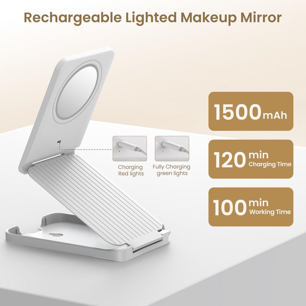 LAMPICK Travel Makeup Mirror with Lights, Foldable 1X Vanity Lighted Mirror with 10X Magnification, Rechargeable 1500mAh Battery, Dimmable Touch Screen, Freely Adjust Height and Angle Avelisse