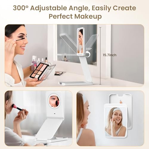 LAMPICK Travel Makeup Mirror with Lights, Foldable 1X Vanity Lighted Mirror with 10X Magnification, Rechargeable 1500mAh Battery, Dimmable Touch Screen, Freely Adjust Height and Angle Avelisse