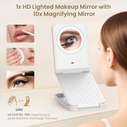 LAMPICK Travel Makeup Mirror with Lights, Foldable 1X Vanity Lighted Mirror with 10X Magnification, Rechargeable 1500mAh Battery, Dimmable Touch Screen, Freely Adjust Height and Angle Avelisse