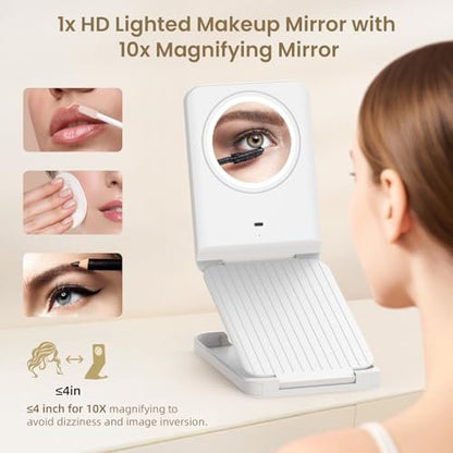 LAMPICK Travel Makeup Mirror with Lights, Foldable 1X Vanity Lighted Mirror with 10X Magnification, Rechargeable 1500mAh Battery, Dimmable Touch Screen, Freely Adjust Height and Angle Avelisse
