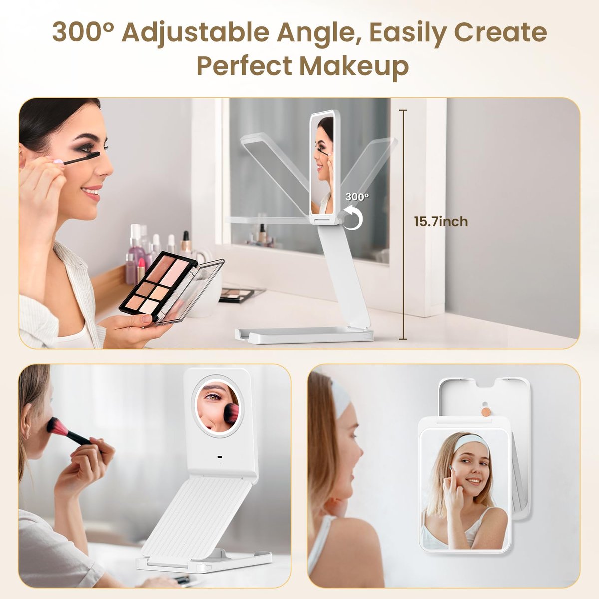 LAMPICK Travel Makeup Mirror with Lights, Foldable 1X Vanity Lighted Mirror with 10X Magnification, Rechargeable 1500mAh Battery, Dimmable Touch Screen, Freely Adjust Height and Angle Avelisse