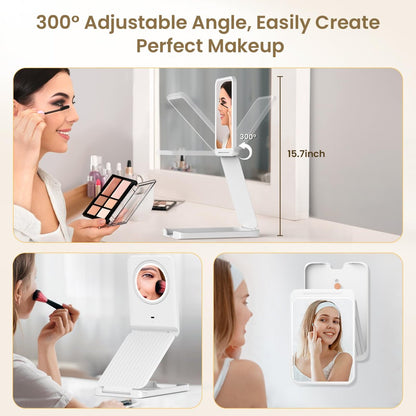 LAMPICK Travel Makeup Mirror with Lights, Foldable 1X Vanity Lighted Mirror with 10X Magnification, Rechargeable 1500mAh Battery, Dimmable Touch Screen, Freely Adjust Height and Angle Avelisse