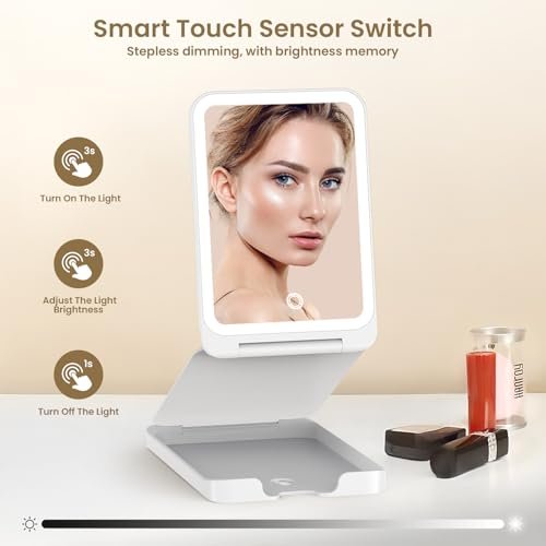 LAMPICK Travel Makeup Mirror with Lights, Foldable 1X Vanity Lighted Mirror with 10X Magnification, Rechargeable 1500mAh Battery, Dimmable Touch Screen, Freely Adjust Height and Angle Avelisse