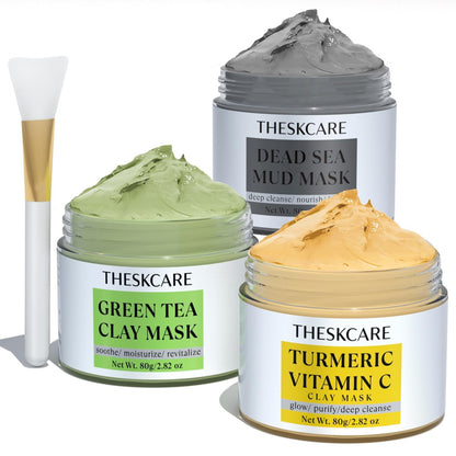 THESKCARE 3 PCS Clay Mask Set - Turmeric Vitamin C, Dead Sea Mud & Green Tea Face Masks for Oil Control, Deep Cleaning & Radiant Skin (240g each)