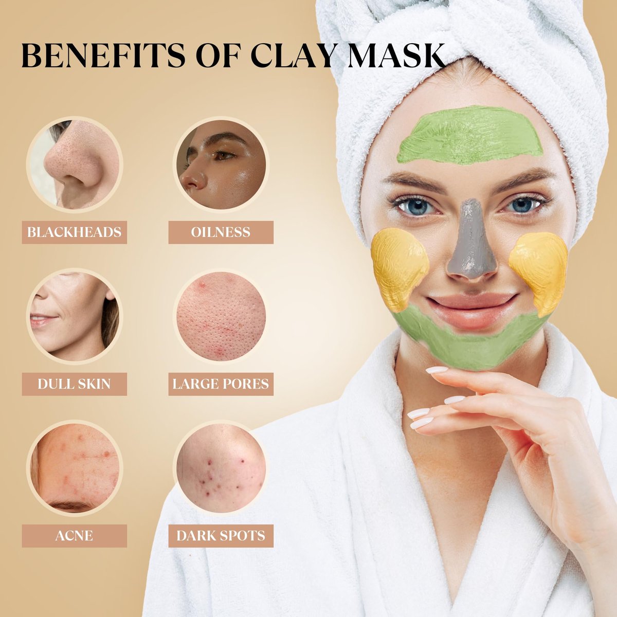 THESKCARE 3 PCS Clay Mask Set - Turmeric Vitamin C, Dead Sea Mud & Green Tea Face Masks for Oil Control, Deep Cleaning & Radiant Skin (240g each) - görsel 5