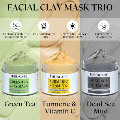 THESKCARE 3 PCS Clay Mask Set - Turmeric Vitamin C, Dead Sea Mud & Green Tea Face Masks for Oil Control, Deep Cleaning & Radiant Skin (240g each)