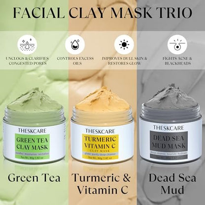 THESKCARE 3 PCS Clay Mask Set - Turmeric Vitamin C, Dead Sea Mud & Green Tea Face Masks for Oil Control, Deep Cleaning & Radiant Skin (240g each)