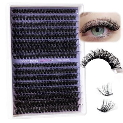 Ocean Pearl 320pcs 3D Thick Lash Clusters Kit - 60D+80D Eyelash Extensions with Adhesive, Sealer, Remover & Tweezers