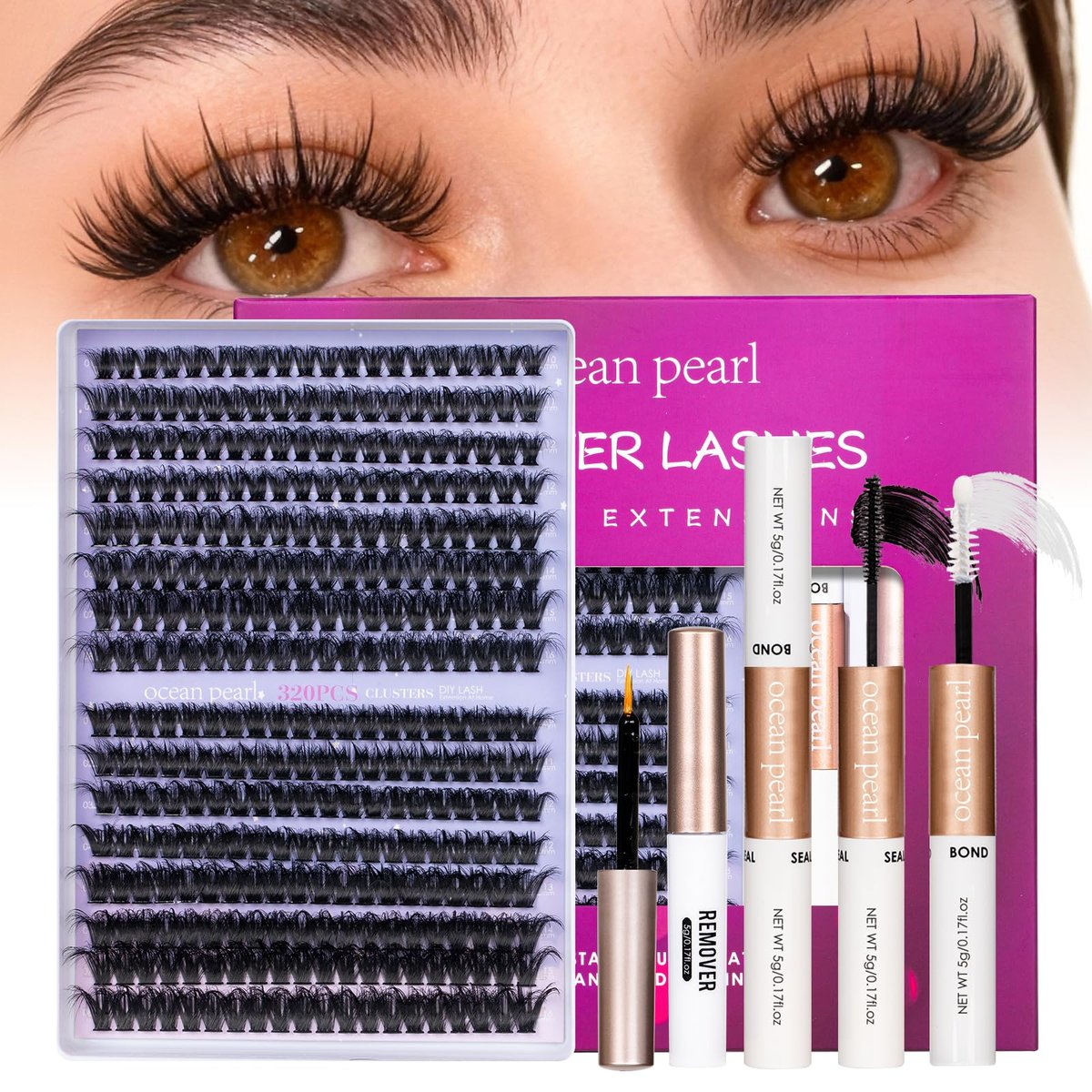 Ocean Pearl 320pcs 3D Thick Lash Clusters Kit - 60D+80D Eyelash Extensions with Adhesive, Sealer, Remover & Tweezers - görsel 3