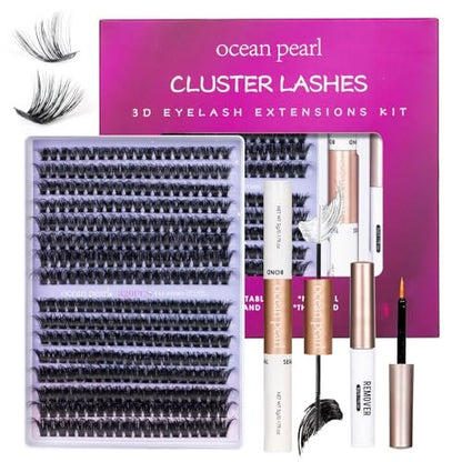 Ocean Pearl 320pcs 3D Thick Lash Clusters Kit - 60D+80D Eyelash Extensions with Adhesive, Sealer, Remover & Tweezers