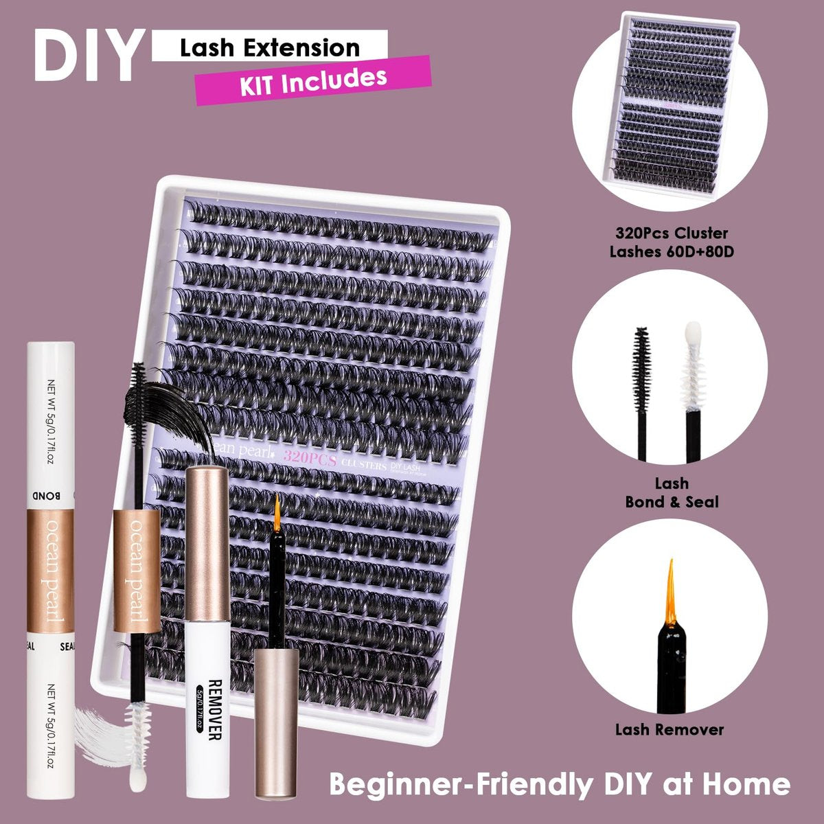 Ocean Pearl 320pcs 3D Thick Lash Clusters Kit - 60D+80D Eyelash Extensions with Adhesive, Sealer, Remover & Tweezers - görsel 5