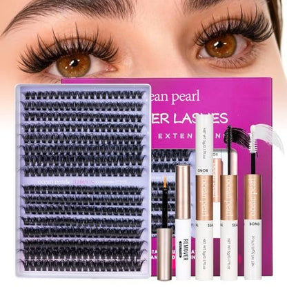 Ocean Pearl 320pcs 3D Thick Lash Clusters Kit - 60D+80D Eyelash Extensions with Adhesive, Sealer, Remover & Tweezers