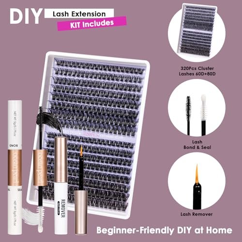Ocean Pearl 320pcs 3D Thick Lash Clusters Kit - 60D+80D Eyelash Extensions with Adhesive, Sealer, Remover & Tweezers - görsel 6