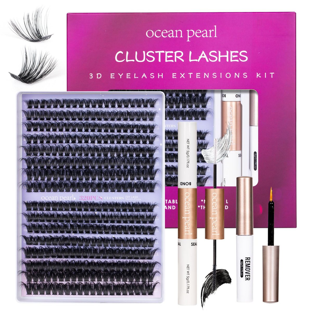 Ocean Pearl 320pcs 3D Thick Lash Clusters Kit - 60D+80D Eyelash Extensions with Adhesive, Sealer, Remover & Tweezers - görsel 1