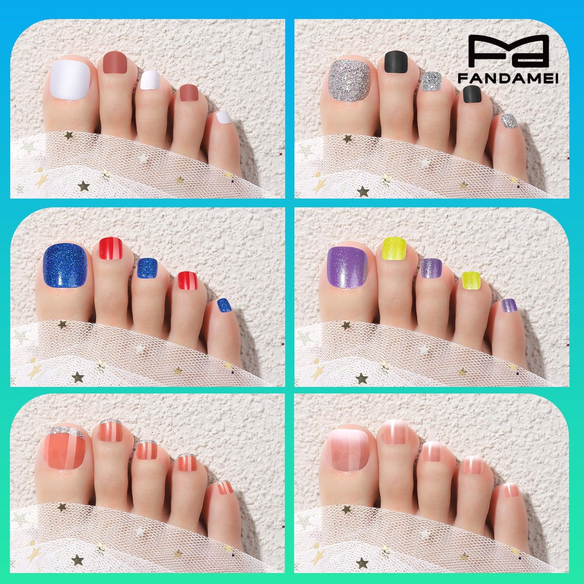 FANDAMEI 576PCS Press On Toenails - 24 Colors Short Fake Toe Nails with French Tip, Glitter, Glossy & Matte Finishes Avelisse