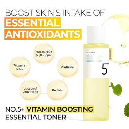 numbuzin No.5 Vitamin Boosting Essential Toner - Radiance-Boosting Toner for Uneven & Dull Skin with Glutathione, Vitamin C, Niacinamide - First Step Skincare, 6.76 fl oz (200ml) Avelisse