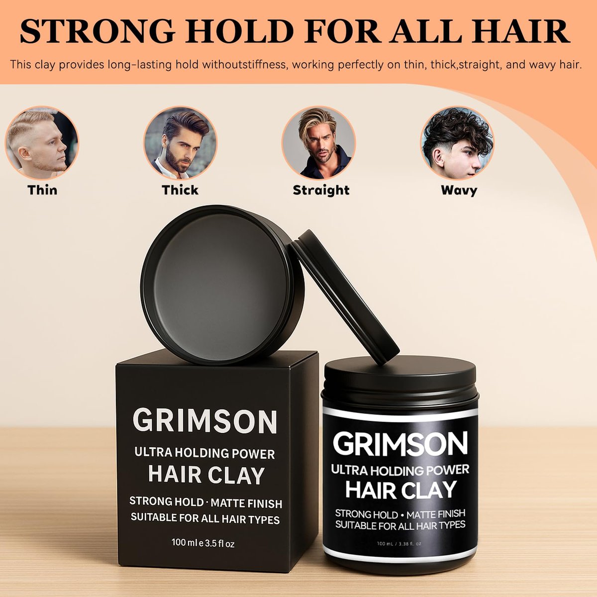 GRIMSON Hair Clay for Men - Strong Hold, Matte Finish, All Hair Types, Easy Wash Out, 100g/3.5oz - görsel 3
