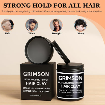 GRIMSON Hair Clay for Men - Strong Hold, Matte Finish, All Hair Types, Easy Wash Out, 100g/3.5oz
