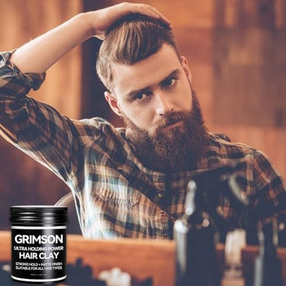 GRIMSON Hair Clay for Men - Strong Hold, Matte Finish, All Hair Types, Easy Wash Out, 100g/3.5oz