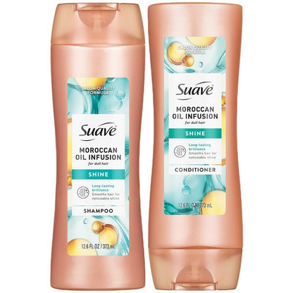 Suave Moroccan Oil Infusion Shine Shampoo and Conditioner for Dull Hair – Salon-Proven System for Brilliant, Shiny Hair, Frizz Control, 12.6 Oz Each