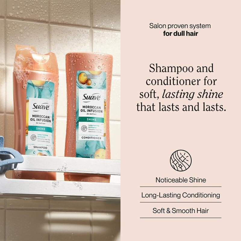 Suave Moroccan Oil Infusion Shine Shampoo and Conditioner for Dull Hair – Salon-Proven System for Brilliant, Shiny Hair, Frizz Control, 12.6 Oz Each - görsel 2