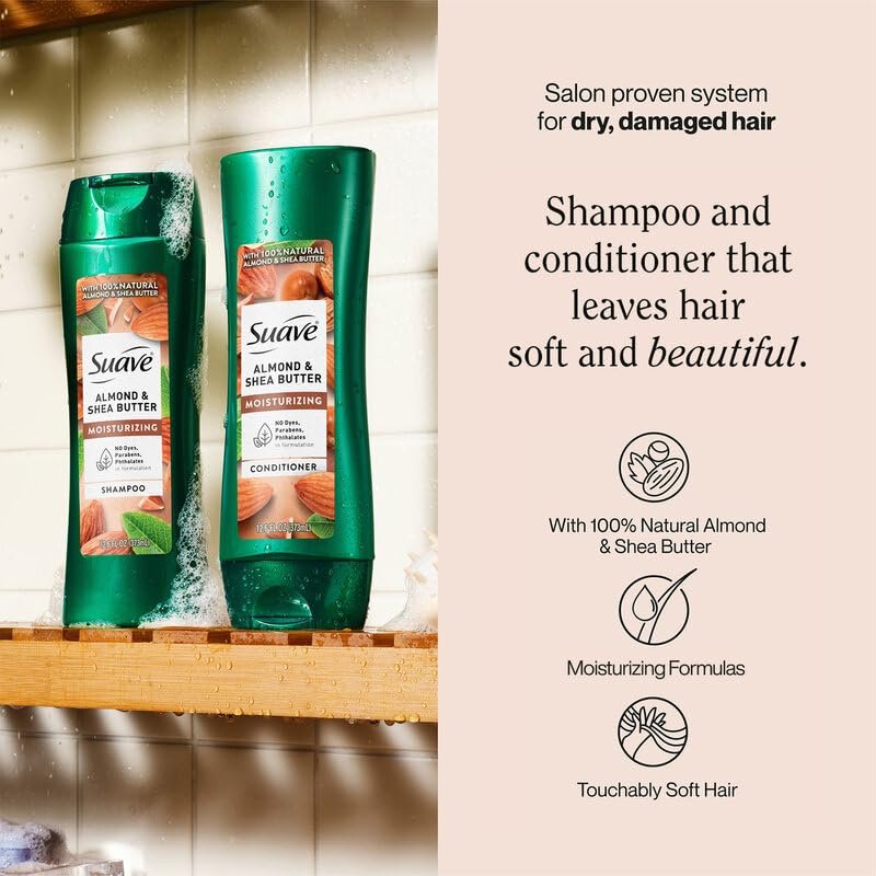 Suave Almond & Shea Butter Shampoo and Conditioner Set for Dry Hair – Moisturizing & Frizz Control, 12.6 oz Each Avelisse