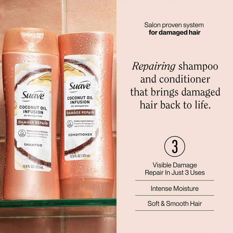 Suave Coconut Infusion Shampoo and Conditioner Set – Visible Damage Repair with Moisturizing Frizz Control, 12.6 oz Each Avelisse