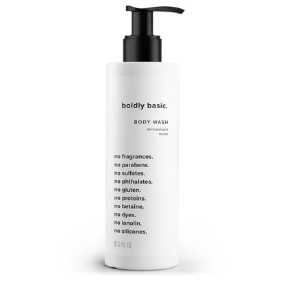 Boldly Basic Fragrance Free Body Wash – Gentle Unscented Shower Gel for Sensitive Skin, Dermatologist Tested, Sulfate-Free, Paraben-Free, Gluten-Free, Non-Comedogenic & Hypoallergenic (8.5 Fl Oz) Avelisse