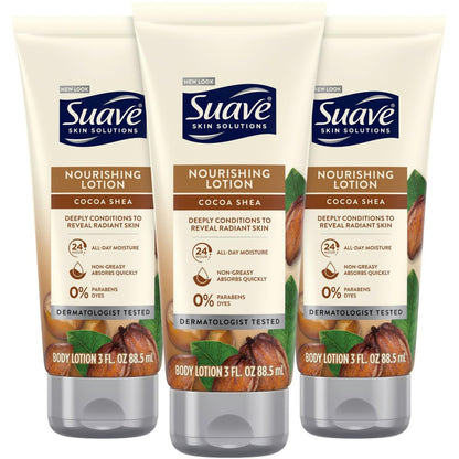 Suave Nourishing Hand & Body Lotion, Cocoa Butter & Shea, 3 oz (Pack of 3) - 24H Moisture for Extremely Dry Skin