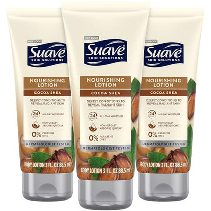 Suave Nourishing Hand & Body Lotion, Cocoa Butter & Shea, 3 oz (Pack of 3) - 24H Moisture for Extremely Dry Skin