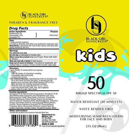 Black Girl Sunscreen Kids SPF 50 Lotion for Face & Body – No White Cast, Water Resistant 80 Minutes, Melanin Rich Skin, 6 fl oz
