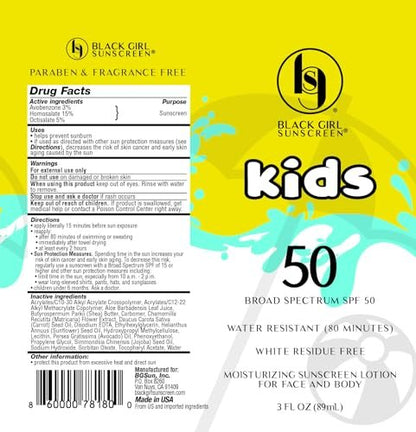 Black Girl Sunscreen Kids SPF 50 Lotion for Face & Body – No White Cast, Water Resistant 80 Minutes, Melanin Rich Skin, 6 fl oz