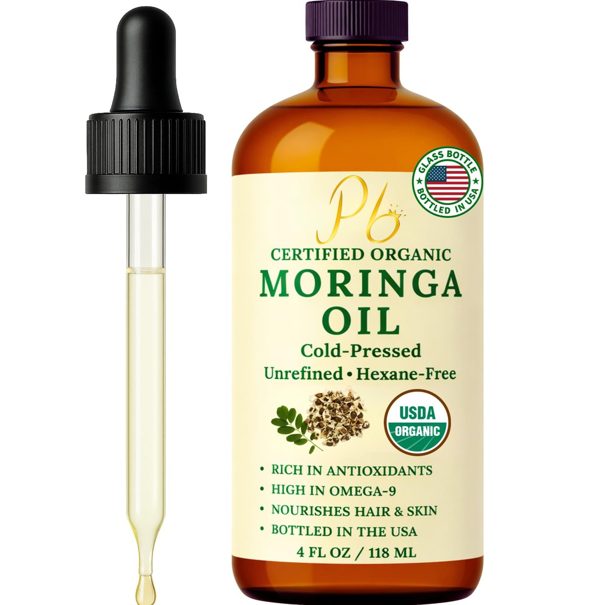 Pomberries Organic Moringa Oil – USDA Certified 100% Pure, Cold-Pressed & Unrefined – Moringa Seed Oil for Face, Skin, Hair & Body – Hydrating, Anti-Aging Moisturizer – 4 fl oz Amber Glass Bottle - görsel 1