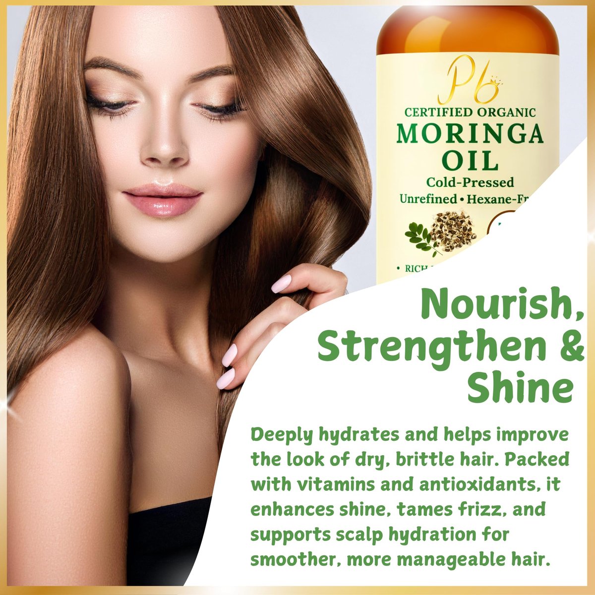 Pomberries Organic Moringa Oil – USDA Certified 100% Pure, Cold-Pressed & Unrefined – Moringa Seed Oil for Face, Skin, Hair & Body – Hydrating, Anti-Aging Moisturizer – 4 fl oz Amber Glass Bottle - görsel 13