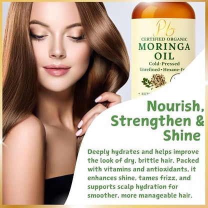 Pomberries Organic Moringa Oil – USDA Certified 100% Pure, Cold-Pressed & Unrefined – Moringa Seed Oil for Face, Skin, Hair & Body – Hydrating, Anti-Aging Moisturizer – 4 fl oz Amber Glass Bottle