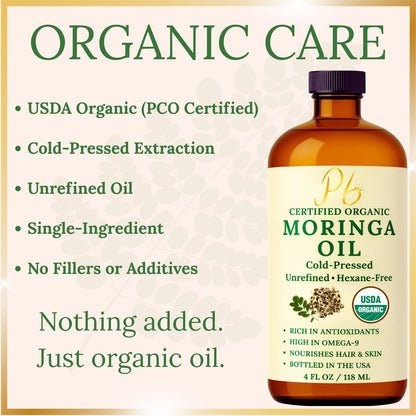 Pomberries Organic Moringa Oil – USDA Certified 100% Pure, Cold-Pressed & Unrefined – Moringa Seed Oil for Face, Skin, Hair & Body – Hydrating, Anti-Aging Moisturizer – 4 fl oz Amber Glass Bottle