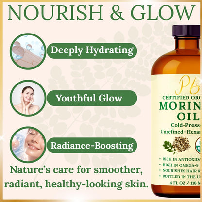 Pomberries Organic Moringa Oil – USDA Certified 100% Pure, Cold-Pressed & Unrefined – Moringa Seed Oil for Face, Skin, Hair & Body – Hydrating, Anti-Aging Moisturizer – 4 fl oz Amber Glass Bottle