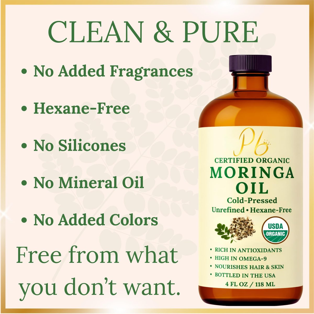 Pomberries Organic Moringa Oil – USDA Certified 100% Pure, Cold-Pressed & Unrefined – Moringa Seed Oil for Face, Skin, Hair & Body – Hydrating, Anti-Aging Moisturizer – 4 fl oz Amber Glass Bottle - görsel 7