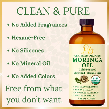 Pomberries Organic Moringa Oil – USDA Certified 100% Pure, Cold-Pressed & Unrefined – Moringa Seed Oil for Face, Skin, Hair & Body – Hydrating, Anti-Aging Moisturizer – 4 fl oz Amber Glass Bottle