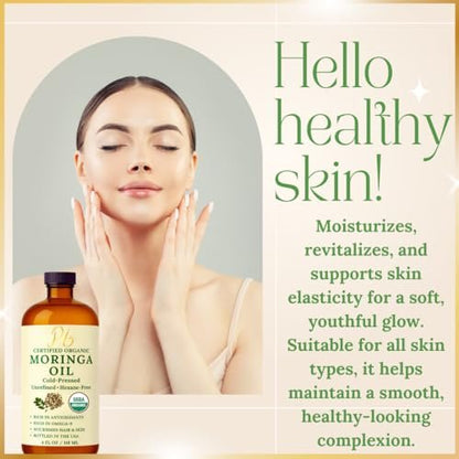 Pomberries Organic Moringa Oil – USDA Certified 100% Pure, Cold-Pressed & Unrefined – Moringa Seed Oil for Face, Skin, Hair & Body – Hydrating, Anti-Aging Moisturizer – 4 fl oz Amber Glass Bottle