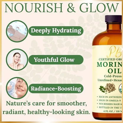 Pomberries Organic Moringa Oil – USDA Certified 100% Pure, Cold-Pressed & Unrefined – Moringa Seed Oil for Face, Skin, Hair & Body – Hydrating, Anti-Aging Moisturizer – 4 fl oz Amber Glass Bottle
