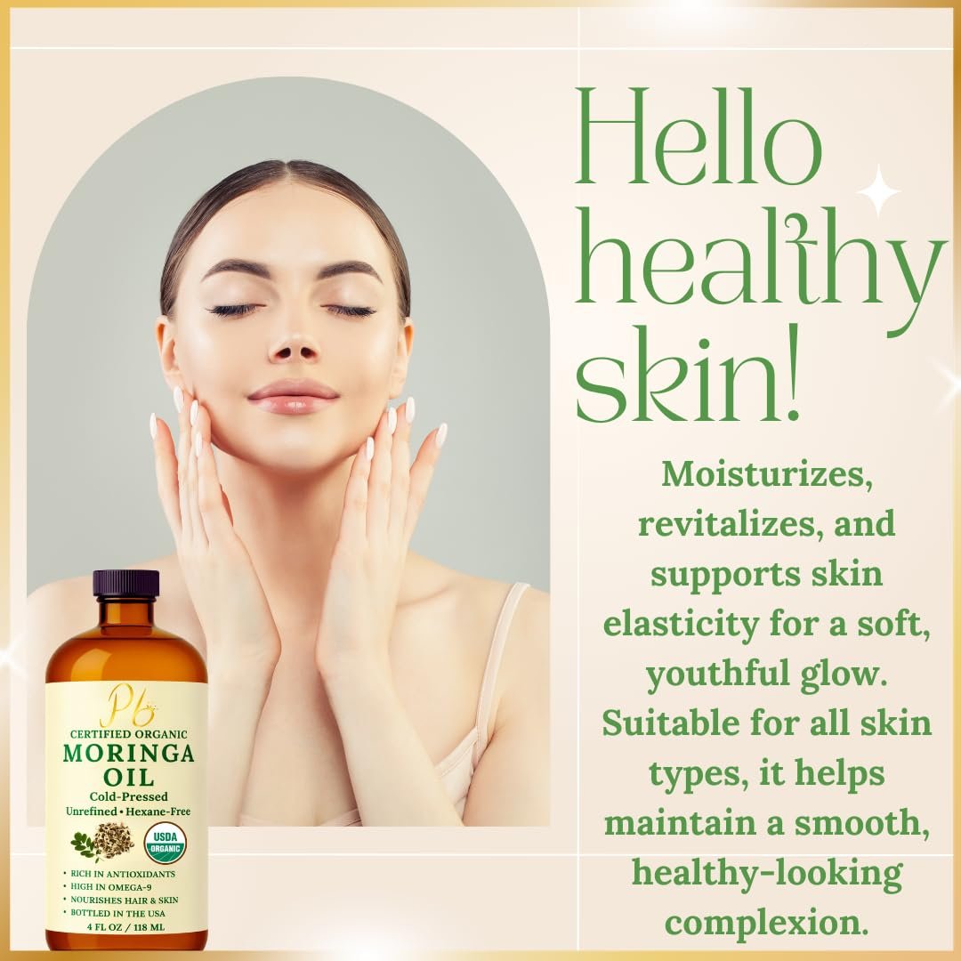 Pomberries Organic Moringa Oil – USDA Certified 100% Pure, Cold-Pressed & Unrefined – Moringa Seed Oil for Face, Skin, Hair & Body – Hydrating, Anti-Aging Moisturizer – 4 fl oz Amber Glass Bottle - görsel 11