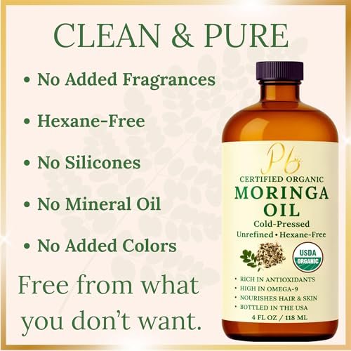 Pomberries Organic Moringa Oil – USDA Certified 100% Pure, Cold-Pressed & Unrefined – Moringa Seed Oil for Face, Skin, Hair & Body – Hydrating, Anti-Aging Moisturizer – 4 fl oz Amber Glass Bottle - görsel 8
