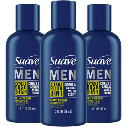 Suave Men Body Wash 3-in-1 Citrus Rush – Travel-Size Shampoo, Conditioner & Soap All-in-One Formula with Keratin for Healthy Hair & Skin, 3 Oz Ea (Pack of 3)