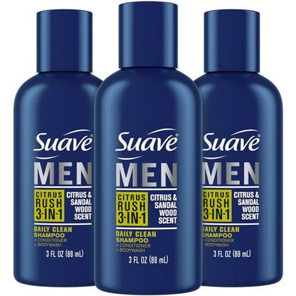 Suave Men Body Wash 3-in-1 Citrus Rush – Travel-Size Shampoo, Conditioner & Soap All-in-One Formula with Keratin for Healthy Hair & Skin, 3 Oz Ea (Pack of 3)