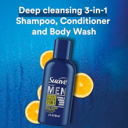 Suave Men Body Wash 3-in-1 Citrus Rush – Travel-Size Shampoo, Conditioner & Soap All-in-One Formula with Keratin for Healthy Hair & Skin, 3 Oz Ea (Pack of 3)
