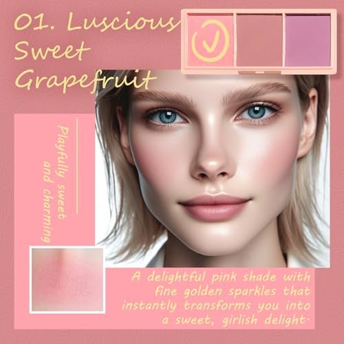 3 Color Matte Pink Blush Palette with Brush – Long Lasting Cheek Makeup, Light & Smooth Blush Powder for Face Beauty - görsel 6