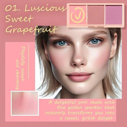 3 Color Matte Pink Blush Palette with Brush – Long Lasting Cheek Makeup, Light & Smooth Blush Powder for Face Beauty
