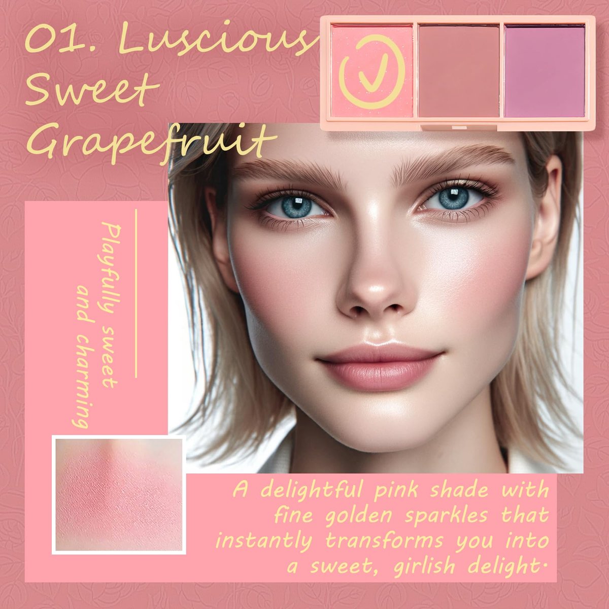 3 Color Matte Pink Blush Palette with Brush – Long Lasting Cheek Makeup, Light & Smooth Blush Powder for Face Beauty - görsel 5